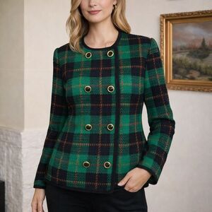 Alexon Double Breasted Tartan Plaid Collarless Jacket Made in Britain